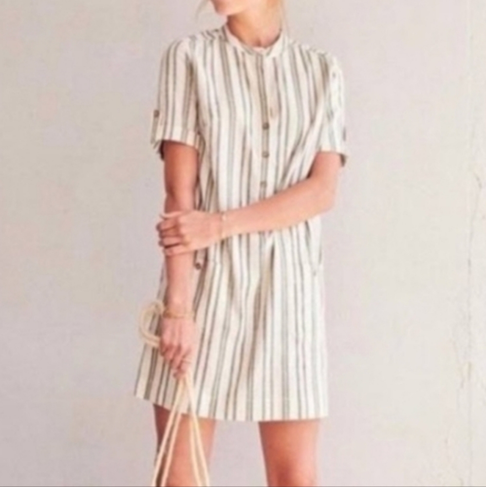 SÉZANE Zoe Green and Cream Striped Henley Style Shift Dress NWT 36 EURO